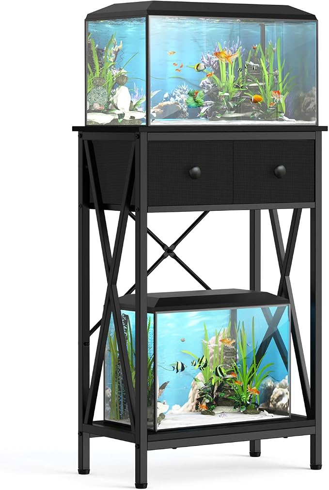 Fish Tank Stand with Drawer, 5-10 Gallon Aquarium Stand Easy Assemble | Stable Metal Frame, 2-Tier Breeder Reptile Turtle Terrarium Table Fits Office Home, 19.4"x11" MDF Tabletop, 220 lbs Capacity
