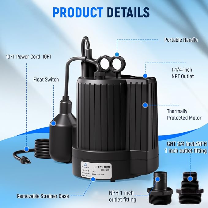 D-HONOR Sump Pump, Submersible Water Pump 1/3 HP 1600 GPH with Float Switch | Automatic Utility Pump for Pool, Pond, Garden, Flooded Basement, Aquarium, and Irrigation, with 10 Ft Power Cord