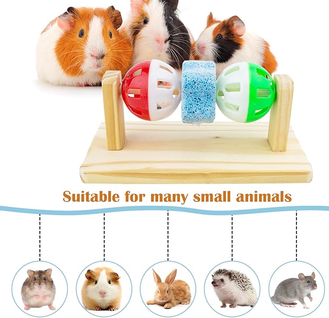 Hamster Enrichment Bell Ball Toys, Natural Guinea Pig Chewing Calcium Stone for Teething, Interactive Wooden Small Anima Cage Toys for Rats, Syrian & Dwarf Hamsters Playing Teeth Grinding