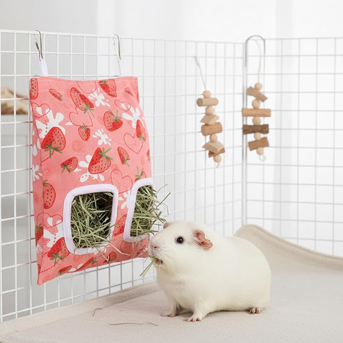2pcs Bunny Hay Bag, 2-Hole Rabbit Hay Bags, 13.78 X 9.45in Hay Bag for Guinea Pigs, Hanging Guinea Pig Hay Holder for Guineas Pigs Bunny, Small Pets (Pink Strawberry)