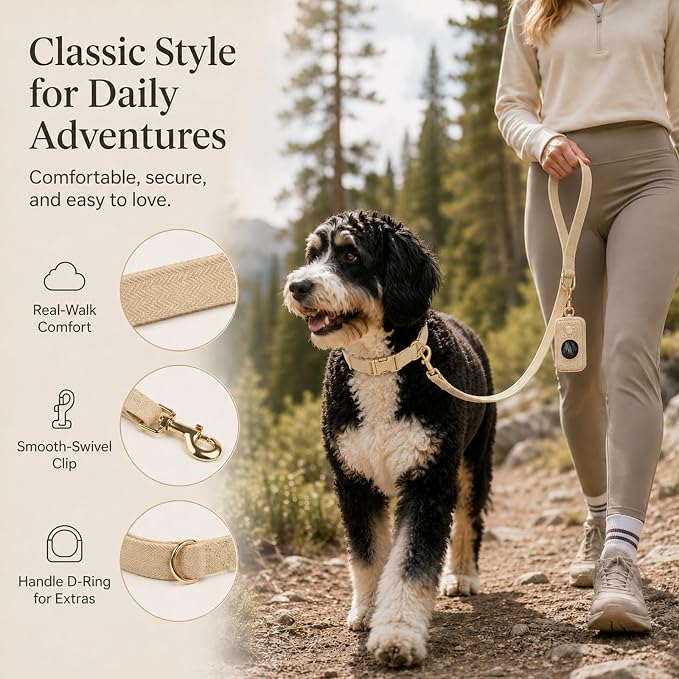 Herringbone Tweed Dog Collar and Leash Set for Medium Dogs,Light Beige | Snag-free, no-rub design. Soft breathable cotton, gentle on fur. Adjustable durable matching combo for walks & outdoors.