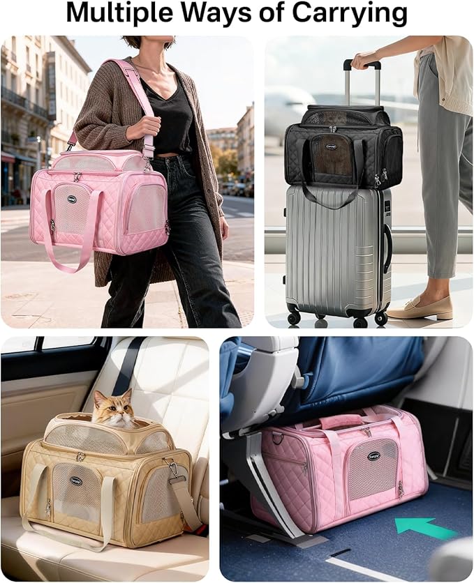 Cat Carrier Airline Approved 17x11x9.5 Inches, Top Expandable Soft Sided Pet Travel Carrier for Cats & Small Dogs, Fits Under Airline Seat with Locking Zippers, Brown