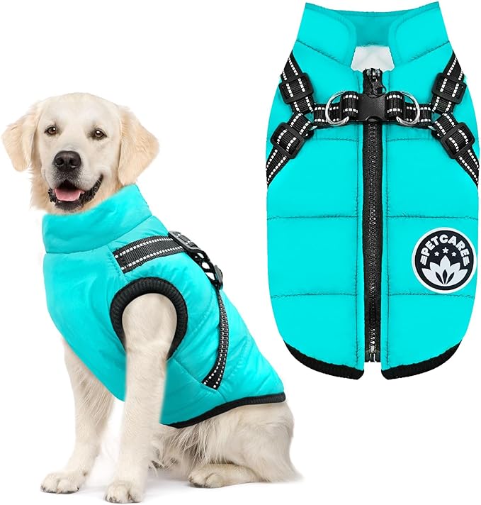 PETCARE Winter Dog Coat with Harness Built in Waterproof Dog Jackets Warm Pet Fleece Vest Windproof Snow Jacket Snowsuit Reflective Dogs Cold Weather Coats for Puppy Small Medium Large Dogs Cats