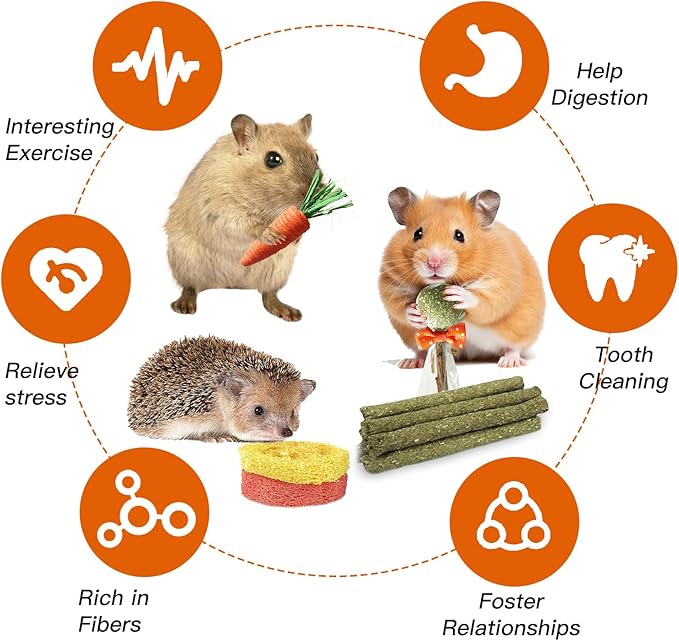 Jorewood 21 Pcs Rabbit Chew Toys for Teeth, Natural Bunny Toys Peach Wood Grass Timothy Sticks Chew and Treat for Guinea Pigs Hamster Chinchillas and Other Small Pets