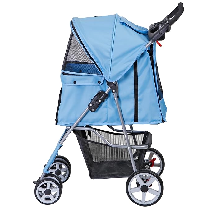 4 Wheels Dog Stroller Folding Pet Strolling Cart for Small Medium Cats Puppies Portable Jogger Travel Camping Puppy Carrier with Storage Basket Cup Holder, Blue