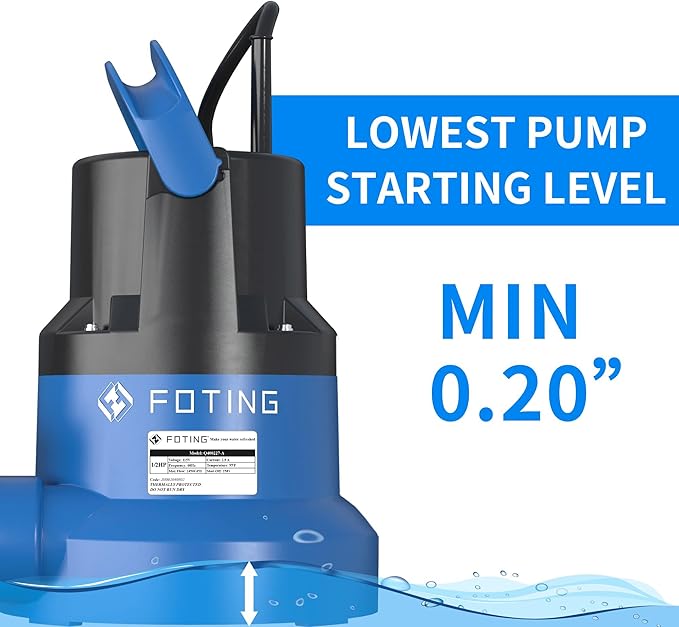 FOTING 1/2HP Submersible Water Pump with Stainless Steel Base - Removes Water to 0.04" Depth, 2450GPH Portable Sump Pump for Puddles, Pools, Boats, Gardens & Ponds - 10Ft Cord Included