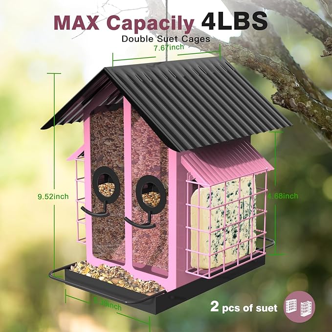 FlowaFoli Bird Feeders for Outdoors, Metal Bird Feeder with Double Suet Cage Weatherproof Metal Roof, 2 in 1 Mixed Seeds Suet Feeder, 4Lbs Large Capacity, Great for FinchćCardinalćChickadeeļ¼Pinkļ¼