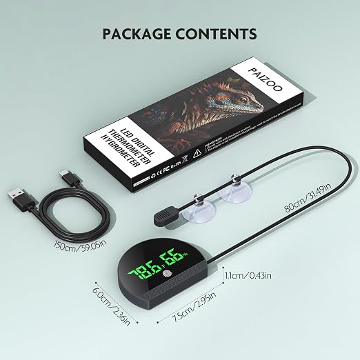 PAIZOO LED Rechargeable Reptile Thermometer Hygrometer, Always-on Display | Temperature Accuracy ±0.1℉, Long Battery Life, Switch Between ℉/℃, Reptile Tank Thermometer with 59.05" Type-c Charging Cable