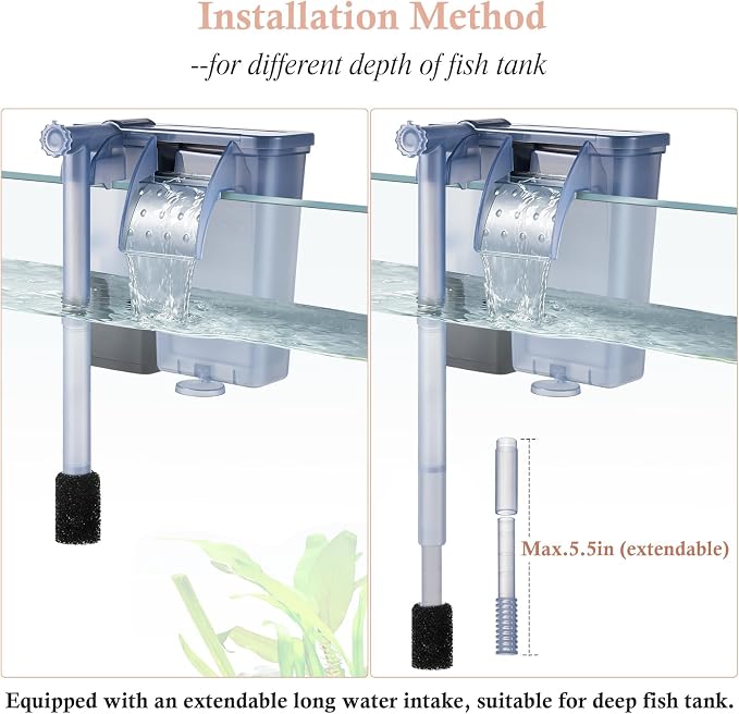 Silent Aquarium Hang-on Filter, 5W 124GPH Fish Tank Filter with Filter Media, Adjustable Fish Waterfall Filter for 5-12 Gallon Tank