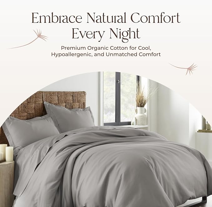 100% Organic Cotton Duvet Cover King Size - Naturally Soft Lightweight & Cooling Duvet Cover Set with Decorative Shams - Premium GOTS Certified 300 Thread Count Sateen Weave (Classic Grey, King)