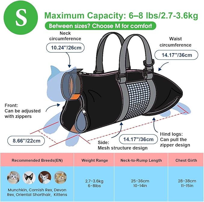 Cinf Cat Nail Clipping Cleaning Grooming Restraint Bag (Free Muzzle) No Scratching Biting for Bathing Nail Trimming Injecting Examining(Black,S)