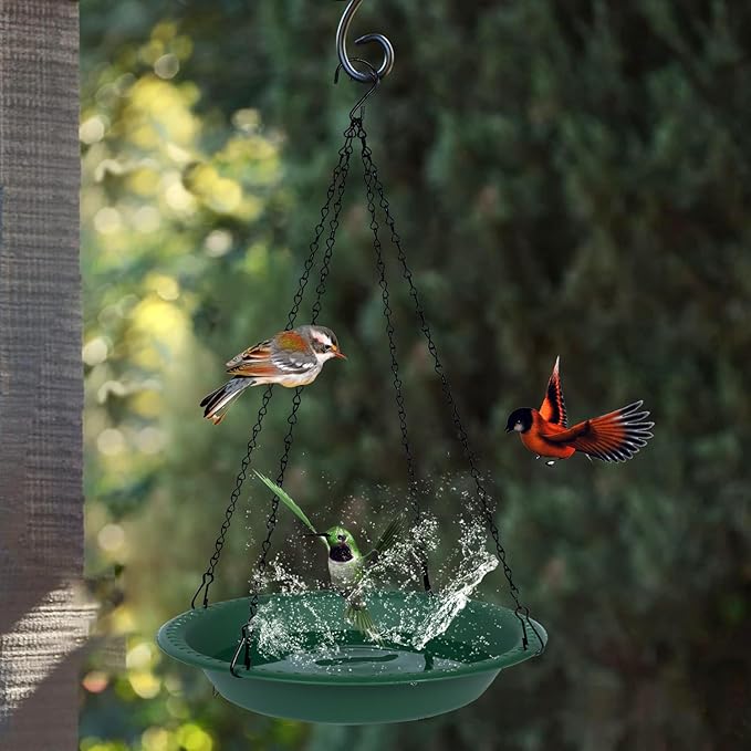 OVZILKI Bird Baths for Outdoors Heavy Duty, 10 inch BirdBath Bowl Only with Rust-Proof Black Chains, Hanging Bird Bath Hanging Bird-Feeder for Garden Backyard Decor (Green 1 Pack)