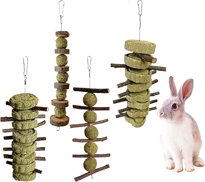 LWINGFLYER 4 Pack Bunny Chew Toys Apple Wood Chews Rabbit Cage Hanging Grass Cake Snack Treat for Teeth Grinding Improve Small Pet Guinea Pigs Chinchillas Hamsters Parrots Dental Health