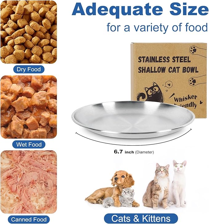 Supet Cat Plates for Wet Food, Non-Slip Whisker Friendly Bowls, Stainless Steel Shallow Wide Dishes for Indoor Cats (13Oz, 2Pcs)
