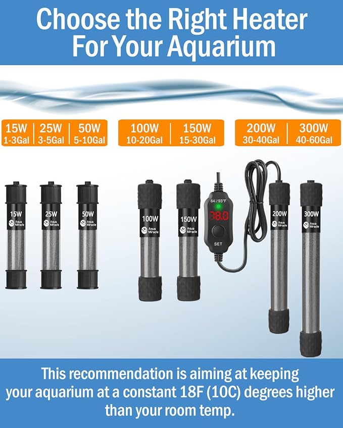 AquaMiracle Aquarium Heater 100W Fish Tank Heater for 10-20 Gal Tanks, LED Digital Display Thermostat Turtle Heater with Out-of-Water Auto Shut-Off, Overheat Protection & Memory Function