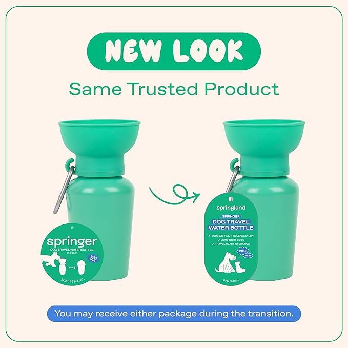 Springer Flip Dog Water Bottle | Portable Drinking Feeder with Foldable Food-Grade Silicone Bowl | One-Hand Squeeze & Leak-Proof | BPA-Free 20oz | Walking, Hiking & Camping | Puppy Essentials