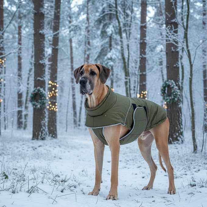 ASENKU Extra Warm Dog Coat - Winter Puffer Jacket with Fleece, Reflective, Adjustable, Zippered Leash Hole for Large Dogs (Green, 2XL)