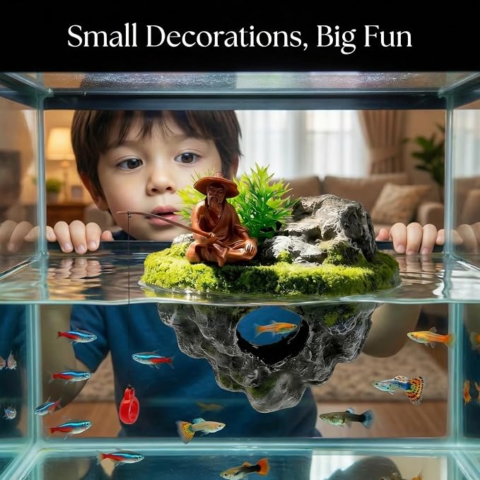 Floating Aquarium Decor, 3D Old Man with Fish Feeding Hook | Safe ABS Floating Fish Tank Decoration with Interactive Feeding Hook for Betta, Guppy, Shrimp and Other Small Aquarium Fish