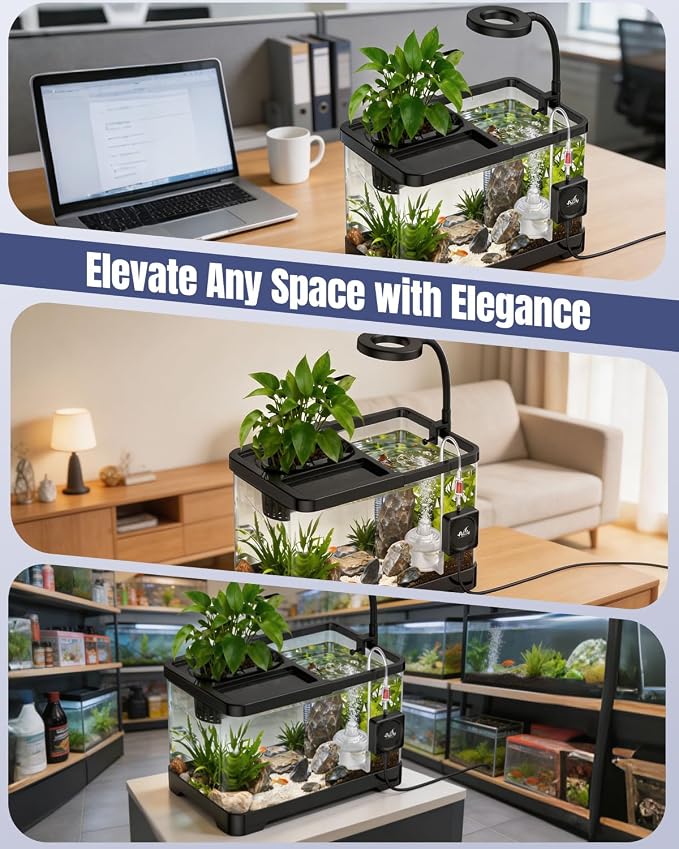Pawfly 2 Gallon Fish Tank, Ultra Clear Aquarium Starter Kit with 6 W LED Aquarium Light, Mini Air Pump, Filter, Siphon Vacuum Water Changer & Basket, Small Fish Tank for Betta