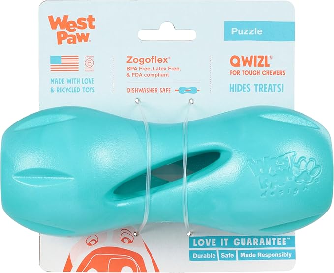 WEST PAW Qwizl Durable Zogoflex Dog Puzzle Toy for Mental Stimulation, and Enrichment - Treat Dispensing for Bully Sticks and Dental Sticks - Dishwasher Safe - Made in USA - Large - Teal