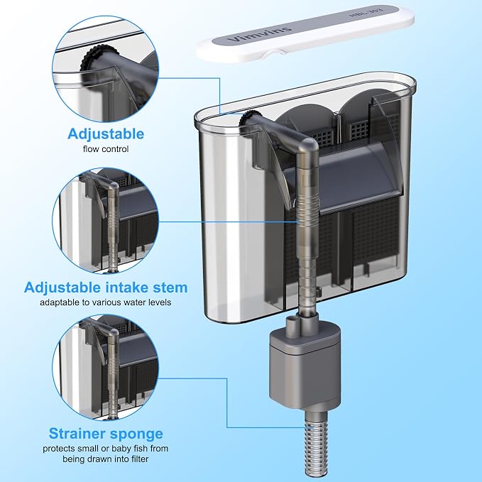 Vimvins Small Aquarium Filter, Quiet Fish Tank HOB Filters for 2 to 10 Gallon Aquariums, Adjustable Flow(Model: 302)