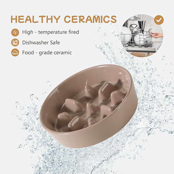 Havniva Ceramic 0.9 Cup Raised Slow Feeder Dog Bowl Set, Elevated 6.1inch Slow Dish and 6.1inch Water Bowl with Wooden Stand for Small Dogs (2 x Brown Coffee+ Stand)