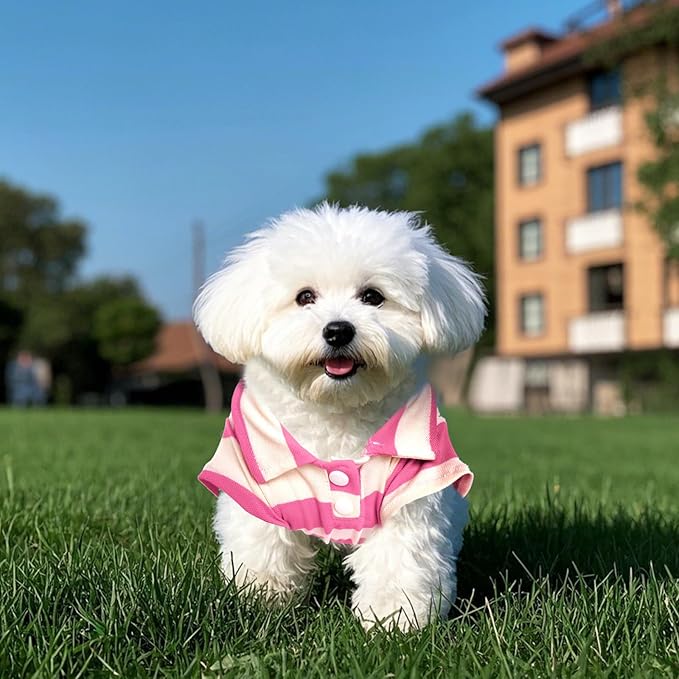 Dog Shirt Polo Shirt Striped Collar Puppy Clothes Summer Button Up Pet Clothes for Small Medium Dogs Cats for Boy Girl Pets (Pink, Large)