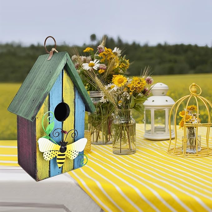 Morning View Bird Houses for Outside Decorative Nest Box Wooden Birdhouse Hanging Spring for Yard Garden Patio Outdoor Small Birds Bluebird Finch Cardinals Wren 9.35 Inch Tall (Light Blue)