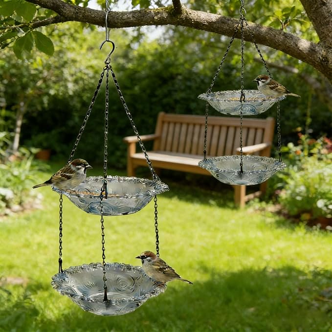 2-Tier Hanging Bird Feeder & Bird Bath, Gray Plastic Hanging Bird Bath for Outside, Outdoor Bird Water Bowl for Garden Yard Patio Decor