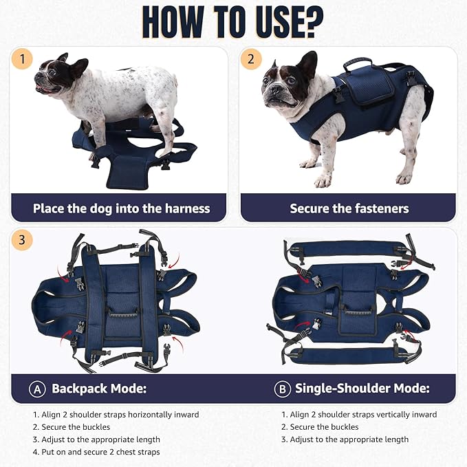 Nasjac Dog Lift Harness Carrier Backpack - Full Body Sling with Adjustable Straps & Handle, Breathable Support Emergency Rescue Kit for Elderly Injured Arthritic Disabled Medium Large Dogs, DBL, L