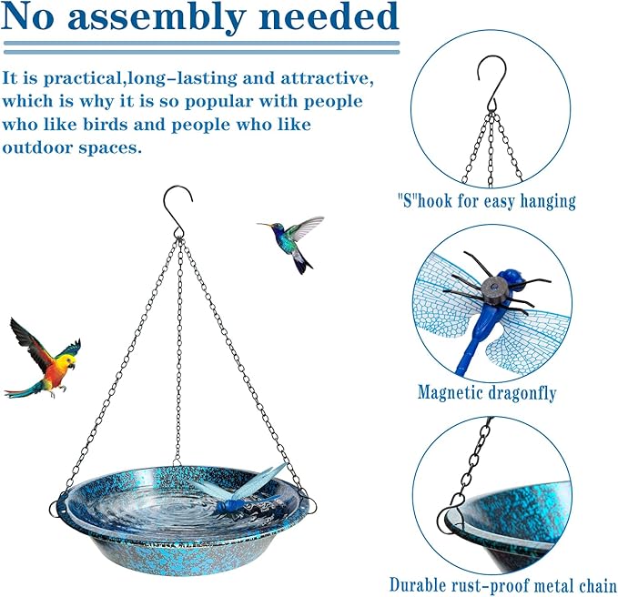 Hanging Bird Bath for Outdoors 11.4 inch Birdbath Bowl Window Birds Feeder with Rust-Proof Black Chains Hooks Metal Hanging BirdBaths Hanging Bird-Feeder for Garden Backyard Decor Blueblack