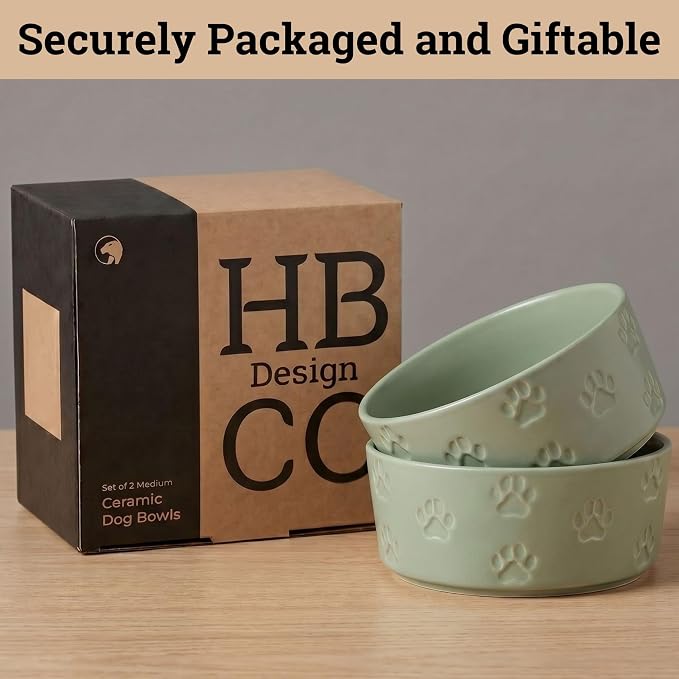 Ceramic Dog Bowl Set of 2 with Anti-Skid Base - 6.5" Wide x 2.5" Tall Ceramic Dog Bowls Medium Sized Dogs - 3.8 Cup Capacity Food and Water Bowls for Dogs - Rubber Bottom Pet Bowl Set of 2 Medium Size