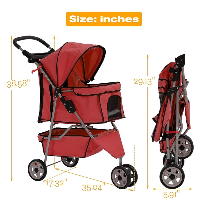 HCY Folding Dog Stroller, 3 Wheels Cat Strollers Pet Gear for Small Medium Cats Dogs Puppy with Storage Basket, Cup Holder,Lightweight-Red, 35.04 inch x17.32 inch x38.58 inch