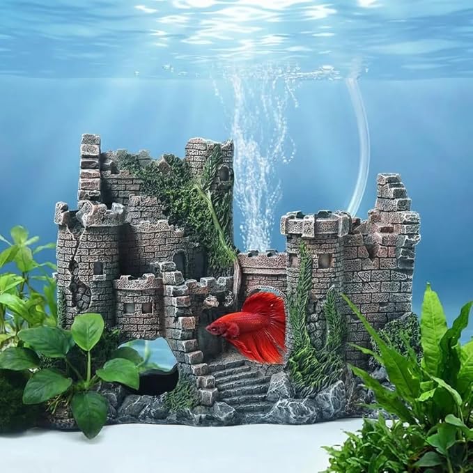 Aquarium Resin Castle Decoration, Air Bubbler Stone Cave Hideout House for Betta Fish, Shrimp & Turtles, Fish Tank Ornament Accessories for Breeding, Playing & Resting ,Decorative Bubbling Castle