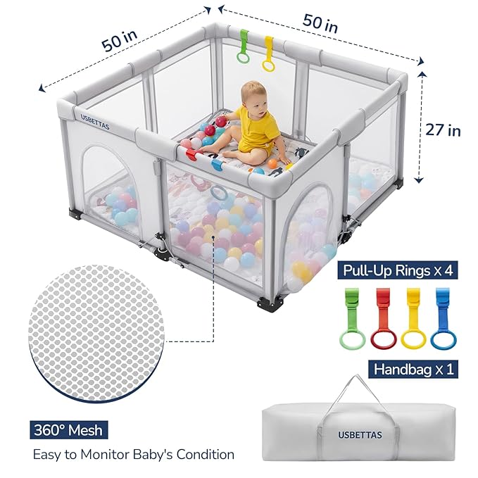 Foldable Baby Playpen, 1-Minute Setup, Lightweight Portable Playpen with Carry Bag, 50"x50" Indoor Outdoor Safty Play Yard for Babies & Toddlers, Light Gray