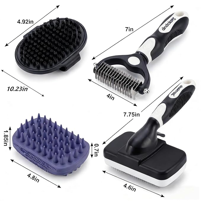 PETIMP STORE 4PCS Self Cleaning Slicker Brush, Pet Grooming Rake, Bath Brush & Massage Brush for Short/Long Haired Dogs, Cats & Horses, Pet Grooming Deshedding Tools - Pet Supplies (White Black)