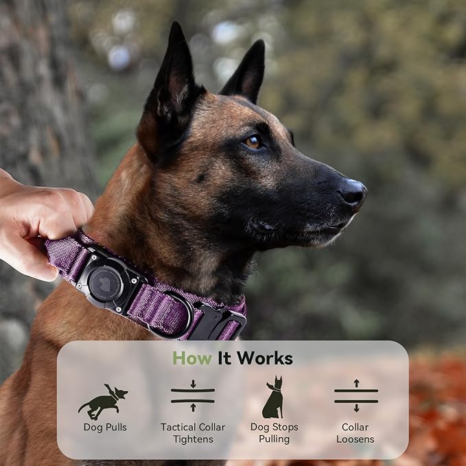 2026 Upgrade Waterproof AirTag Dog Collar, Military Tactical Dog Collar with AirTag Holder, Comfortable Control Handle and Metal Buckle, GPS Dog Collar Holder for Medium to Large Dogs (Purple, M)