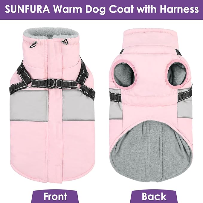 Dog Coat, XXL Dog Jacket Winter with Harness Built in, Waterproof Pet Snow Jacket with Furry Collar for Chilly Day, Reflective Fleece Snowsuit for Extra Large Dogs, Pink 2XL