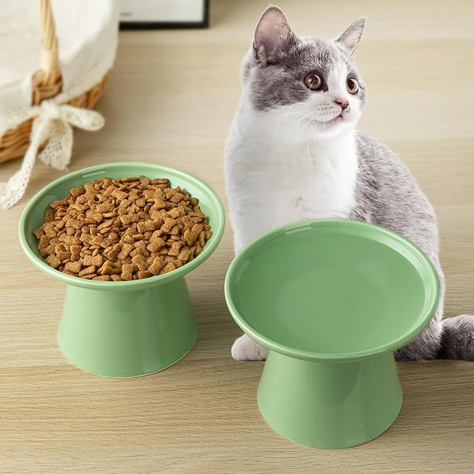 6.2 Inch Extra Wide Elevated Ceramic Cat Bowls, Food and Water Bowl Set for Elder Big Cats Small Dogs, Raised Design for Pet Easy Eating, Protect Cat's Spine Set of 4(Green)