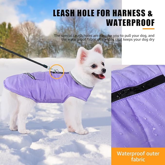 iBuddy Dog Winter Coat for Medium Dogs, Easy on Dog Fleece Snow Coat Velcro Waterproof Pet Puffer Jacket with Harness Hole Adjustable Reflective Quilted Pet Cold Weather Vest Wind-poof for Girl Female