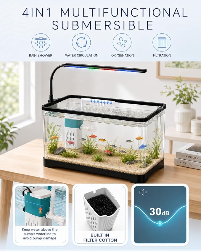 3 Gallon Betta Fish Tank Starter Kit - Negative Pressure Acrylic Aquarium | Desktop Small Aquarium with 3-Color LED Light, Quiet Water Pump Filter, Blue Sand & Net for Guppies, Goldfish & Small Fish