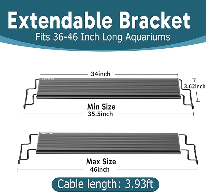 24/7 LED Aquarium Light with Remote for 36-46 Inch Plant & Fish Tank IP68, 12-Color & Gradient & Full Spectrum Light with Timer, Auto On/Off, Brightness, Extendable Brackets for Freshwater