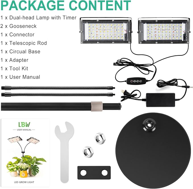 LBW Grow Light for Indoor Plant,Full Spectrum Dual Heads Desk Plant Light | 3H/6H/12H Timer Grow Lamp,6-Level Brightness, 3 Lighting Mode, Height Adjustable, Flexible Gooseneck, Ideal for Indoor Growth