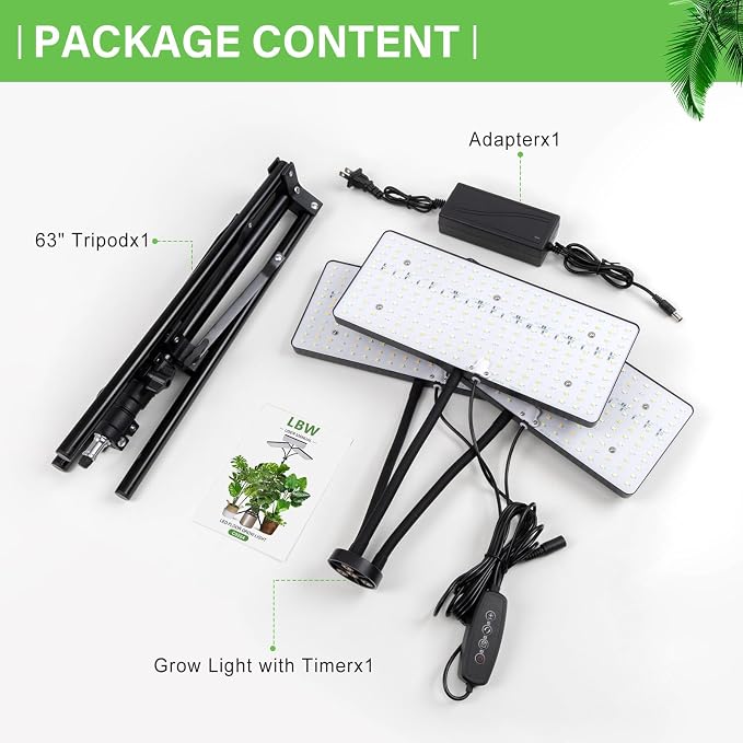 LBW Grow Light for Indoor Plants, 642 LEDs Grow Light with Stand | 3-Head Full Spectrum, 3/6/12H Auto Timer, 6 Brightness Levels, 3 Switch Modes, 68" Height Adjustable Stand, for Large Plants