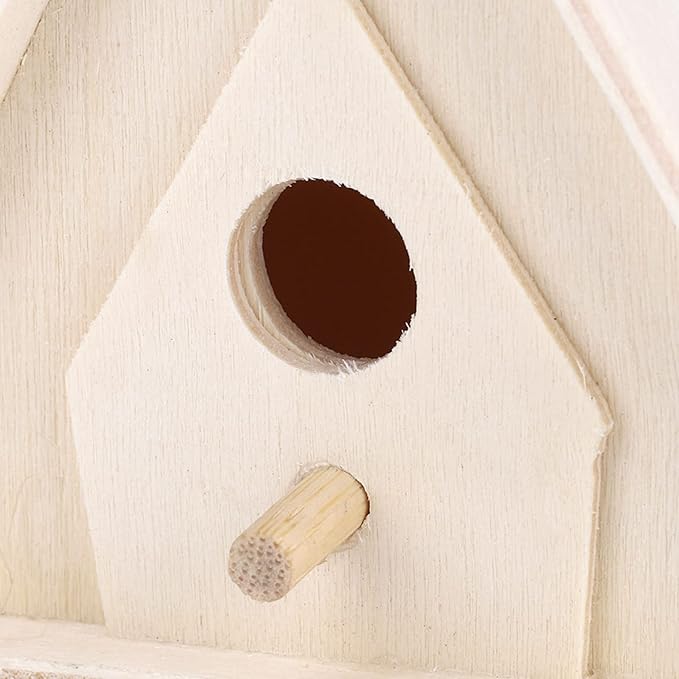 4Pcs Unfinished Wooden Bird House, Hanging Birdhouse for Outside Wood Bird Nests Box with Pole Creative Unpainted DIY Crafts Bird Houses for Garden Courtyard Decor