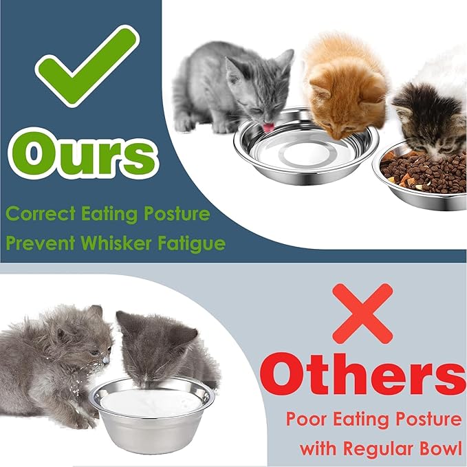 12 PCS Thickened Stainless Steel Cat Bowls, 5.5 Inch Shallow Wide Flat Metal Kitten Food Bowls, Whisker Friendly Fatigue Relief Replacement Basic Pet Dishes for Indoor Cats