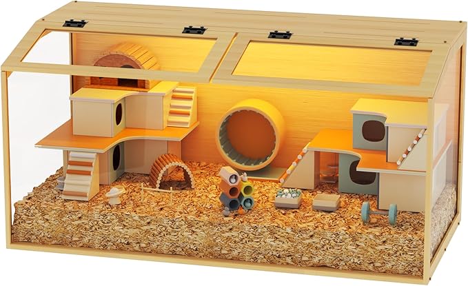 Hamster Cage: Wooden Small Animal Cage with Warm Light - 40Inch Extra Large Clear Hamster House Chewy Proof with Two Openable Breathable Top