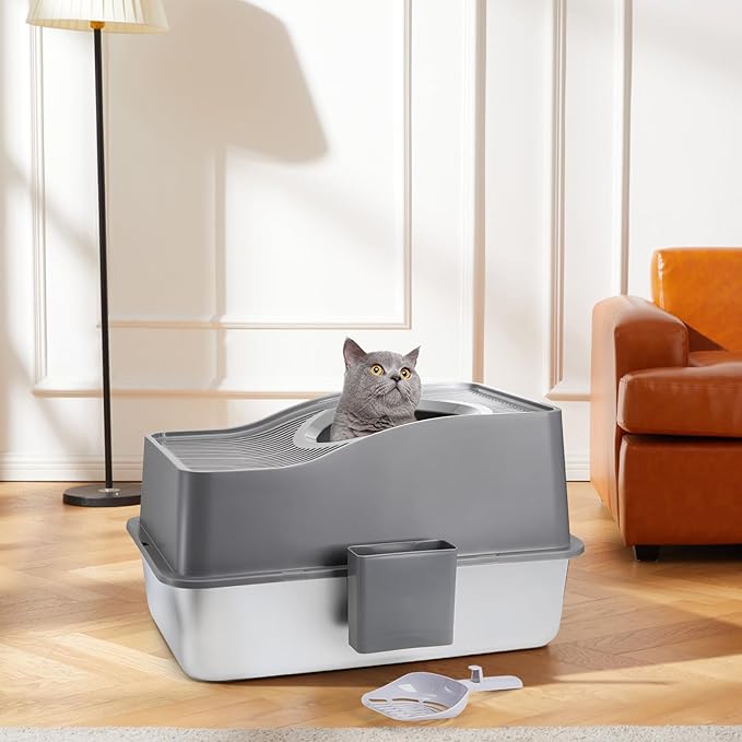 SOUJOY Stainless Steel Cat Litter Box with Lid, Extra Large Top Entry Litter Boxes for Big Cats, Enclosed Removable Metal Litter Box with Scoop and High Wall, Anti-Leakage, Easy Cleaning