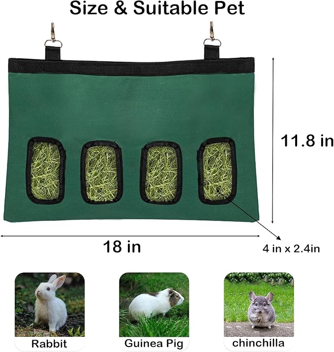 Rabbit Hay Feeder Bag, Large Capacity Rabbit Hay Bag Small Animal Hanging Hay Bag 600D Oxford Cloth Bunny Hay Feeder Bag for Rabbits Guinea Pigs Chinchillas (DarkGreen-4 Holes-1Pcs)