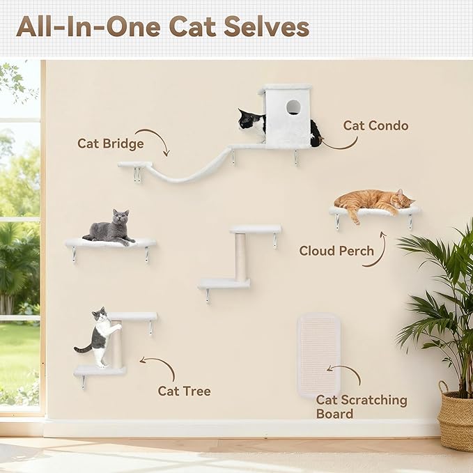 Meecal 6-in-1 Cat Wall Shelves, Wall-Mounted Cat Furniture for Indoor Kittens, Modern Floating Shelves with Scratching Posts, Bed, Perch, Bridge, Condo, Steps and Scratcher, Space-Saving Gym, White